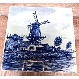 Vintage Mettlach Delft Blue Windmill Scene Ceramic Tile Trivet 6"x6"
